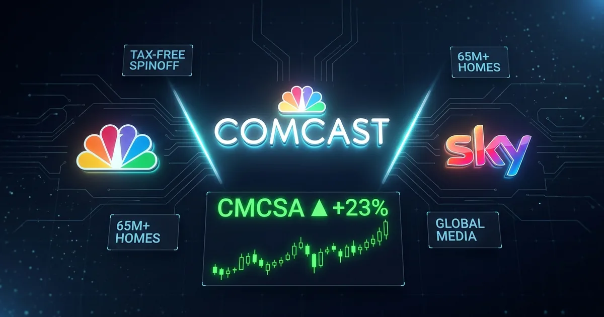 Comcast logo with NBCUniversal peacock and Sky logos flanking, CMCSA stock ticker showing 23 percent surge, dark navy dashboard composite