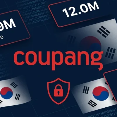 Coupang logo with data breach shield icon showing 409 million dollar fine and 33 million affected users with South Korean flag elements