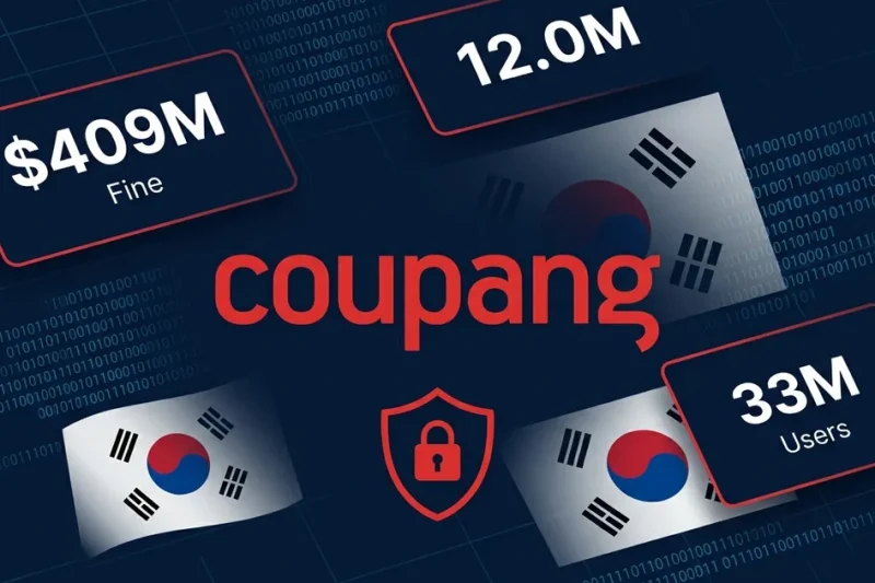 Coupang logo with data breach shield icon showing 409 million dollar fine and 33 million affected users with South Korean flag elements