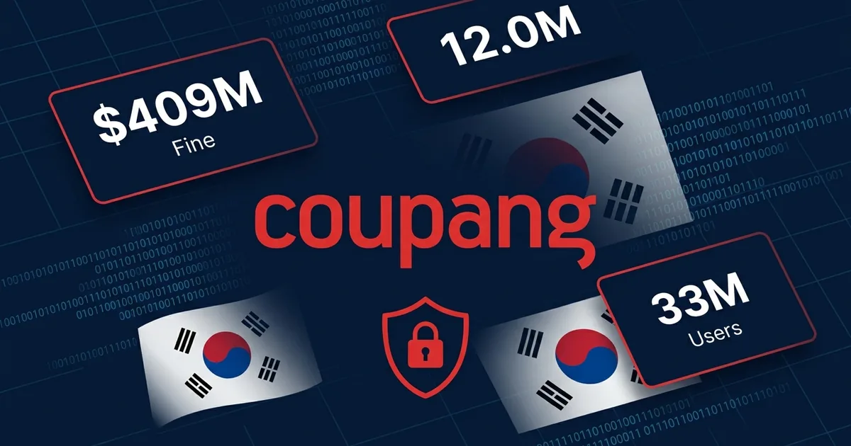 Coupang logo with data breach shield icon showing 409 million dollar fine and 33 million affected users with South Korean flag elements