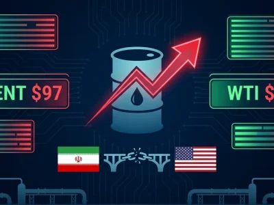 Financial dashboard showing crude oil price surge with Brent at 7 and WTI at 5 alongside Iranian and American flags separated by broken chain