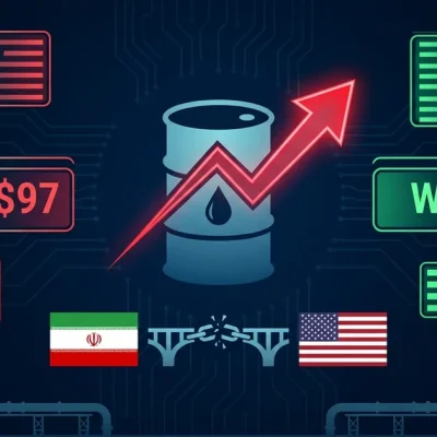 Financial dashboard showing crude oil price surge with Brent at 7 and WTI at 5 alongside Iranian and American flags separated by broken chain
