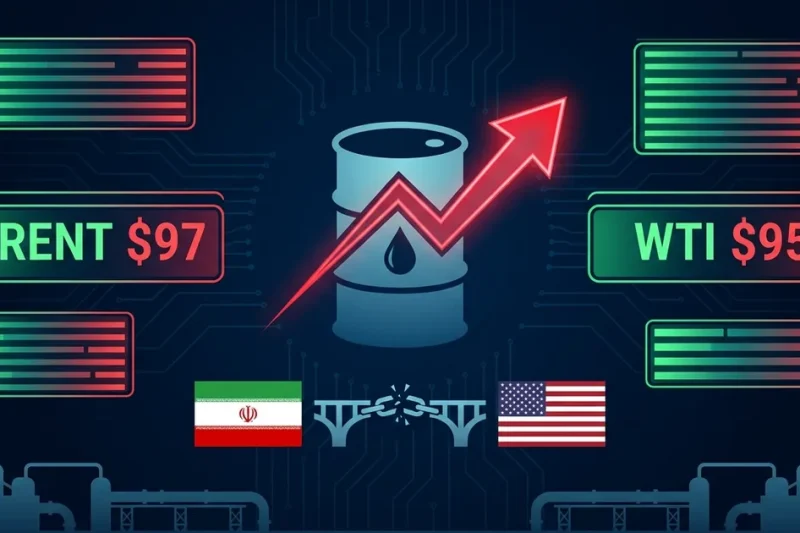 Financial dashboard showing crude oil price surge with Brent at 7 and WTI at 5 alongside Iranian and American flags separated by broken chain