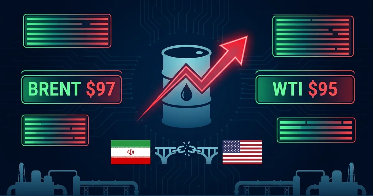 Financial dashboard showing crude oil price surge with Brent at 7 and WTI at 5 alongside Iranian and American flags separated by broken chain