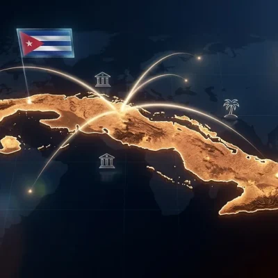 Glowing topographic map of Cuba with investment flow arcs from Europe and Latin America, Cuban flag, banking and agriculture icons on dark navy background