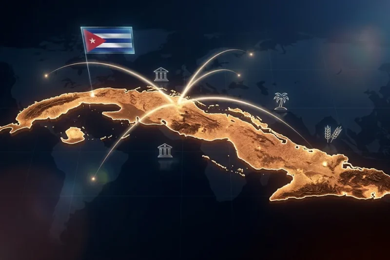 Glowing topographic map of Cuba with investment flow arcs from Europe and Latin America, Cuban flag, banking and agriculture icons on dark navy background
