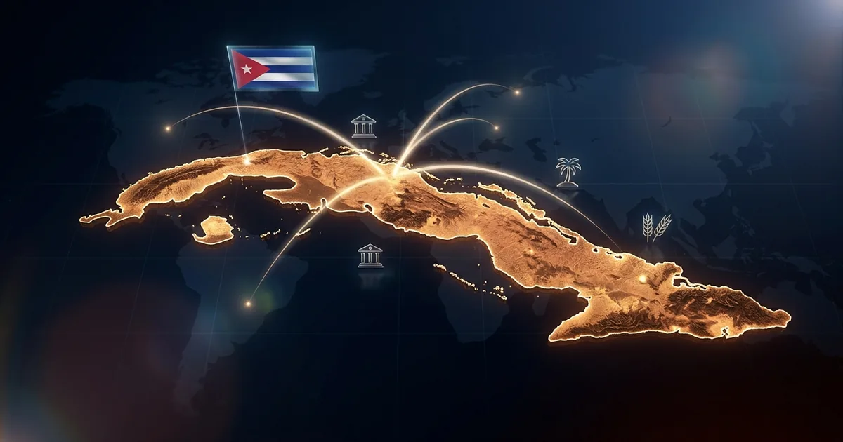 Glowing topographic map of Cuba with investment flow arcs from Europe and Latin America, Cuban flag, banking and agriculture icons on dark navy background