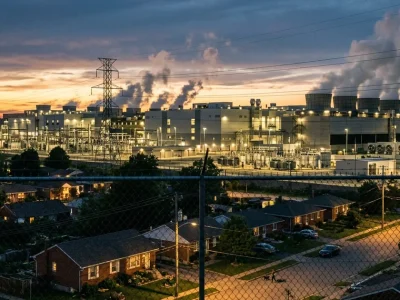 Large data center facility with cooling towers next to suburban homes at dusk showing the tension between AI infrastructure and communities