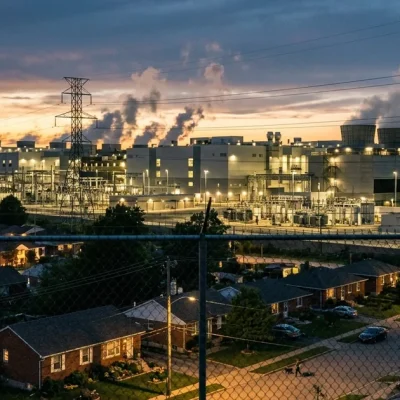Large data center facility with cooling towers next to suburban homes at dusk showing the tension between AI infrastructure and communities