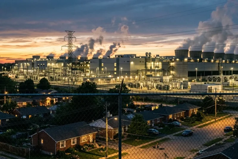 Large data center facility with cooling towers next to suburban homes at dusk showing the tension between AI infrastructure and communities