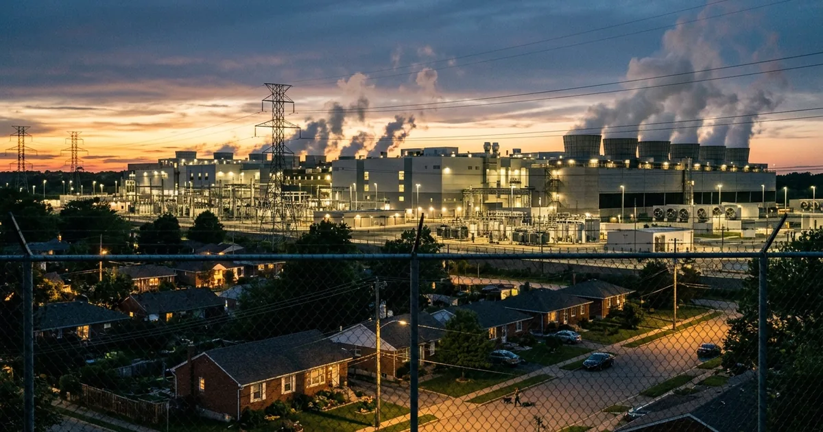 Large data center facility with cooling towers next to suburban homes at dusk showing the tension between AI infrastructure and communities