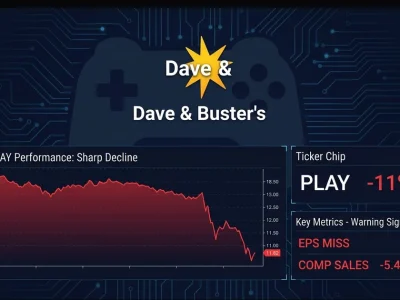 Dave and Busters logo with PLAY ticker showing -11% decline and EPS miss metrics on financial dashboard
