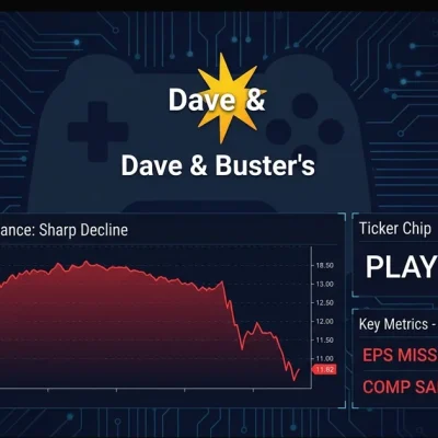 Dave and Busters logo with PLAY ticker showing -11% decline and EPS miss metrics on financial dashboard