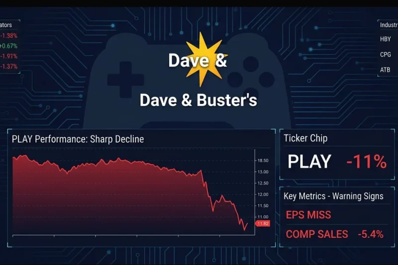 Dave and Busters logo with PLAY ticker showing -11% decline and EPS miss metrics on financial dashboard