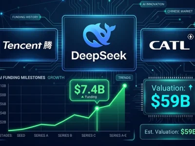 DeepSeek, Tencent, and CATL logos with .4 billion funding chart and 9 billion valuation on dark navy financial dashboard background