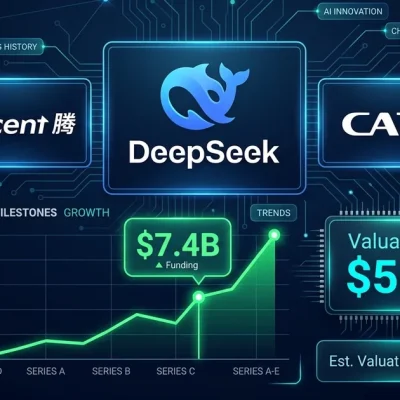 DeepSeek, Tencent, and CATL logos with .4 billion funding chart and 9 billion valuation on dark navy financial dashboard background