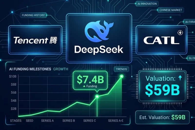 DeepSeek, Tencent, and CATL logos with .4 billion funding chart and 9 billion valuation on dark navy financial dashboard background