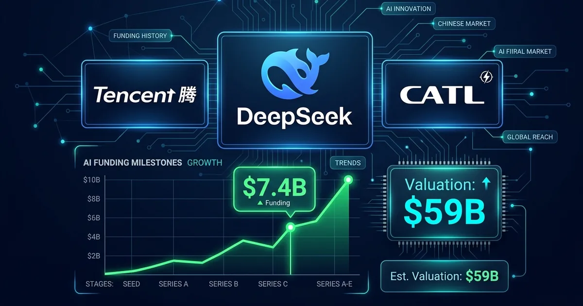 DeepSeek, Tencent, and CATL logos with .4 billion funding chart and 9 billion valuation on dark navy financial dashboard background