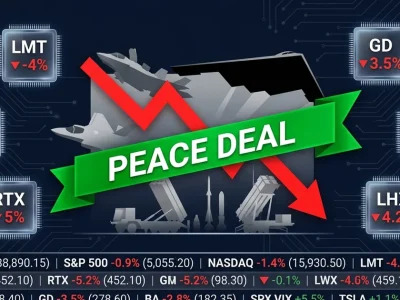 Defense stock tickers showing losses as Iran peace deal banner crosses military silhouettes