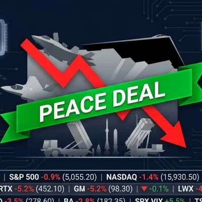 Defense stock tickers showing losses as Iran peace deal banner crosses military silhouettes
