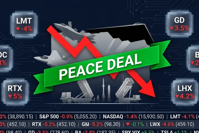 Defense stock tickers showing losses as Iran peace deal banner crosses military silhouettes