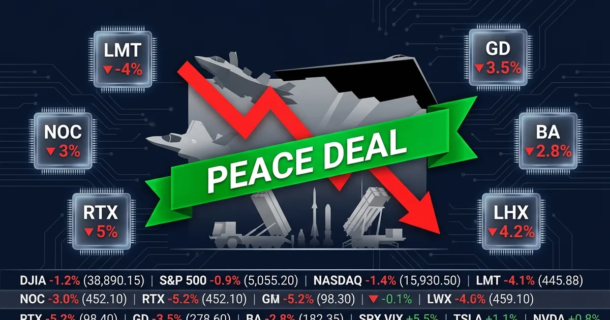 Defense stock tickers showing losses as Iran peace deal banner crosses military silhouettes