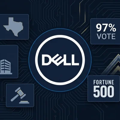 Dell logo with Texas state outline, 97 percent shareholder vote, Fortune 500 badge, and gavel icon on dark blue circuit board background