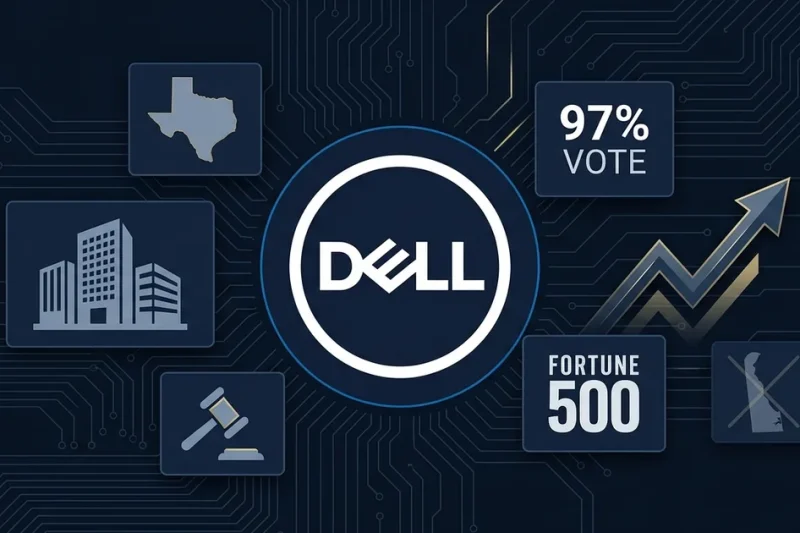 Dell logo with Texas state outline, 97 percent shareholder vote, Fortune 500 badge, and gavel icon on dark blue circuit board background
