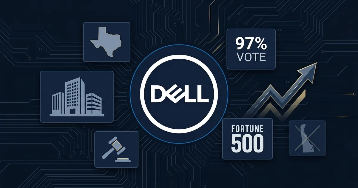Dell logo with Texas state outline, 97 percent shareholder vote, Fortune 500 badge, and gavel icon on dark blue circuit board background