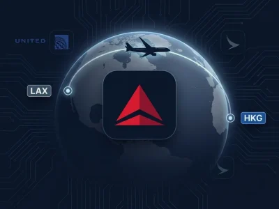 Delta Air Lines red triangle logo on globe showing LAX to HKG flight path with United Airlines badge and A350 silhouette on dark navy background