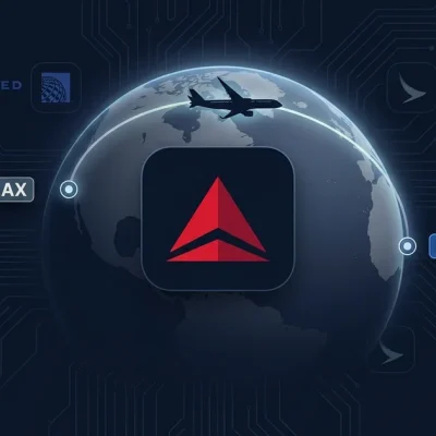 Delta Air Lines red triangle logo on globe showing LAX to HKG flight path with United Airlines badge and A350 silhouette on dark navy background