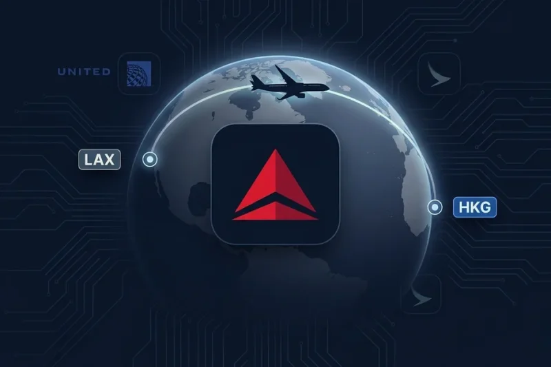 Delta Air Lines red triangle logo on globe showing LAX to HKG flight path with United Airlines badge and A350 silhouette on dark navy background
