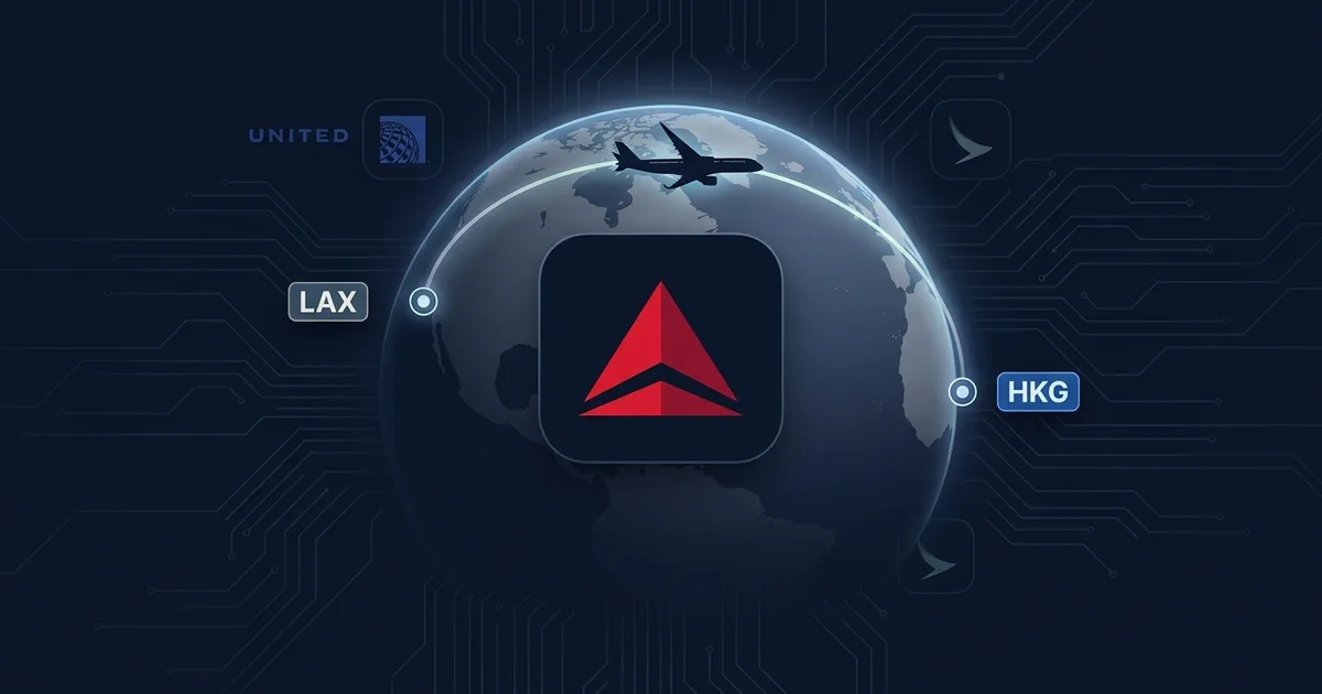 Delta Air Lines red triangle logo on globe showing LAX to HKG flight path with United Airlines badge and A350 silhouette on dark navy background