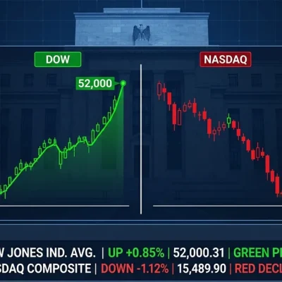 Split screen showing Dow Jones climbing to 52000 record while Nasdaq declines with Federal Reserve building in background