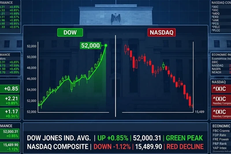 Split screen showing Dow Jones climbing to 52000 record while Nasdaq declines with Federal Reserve building in background