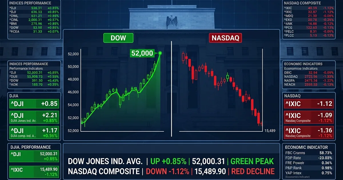 Split screen showing Dow Jones climbing to 52000 record while Nasdaq declines with Federal Reserve building in background