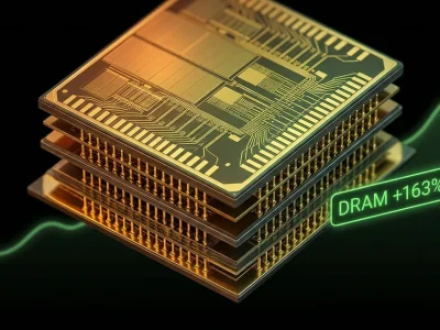 Close-up of high-bandwidth memory chip stack with green price trend line representing the record-breaking DRAM ETF performance