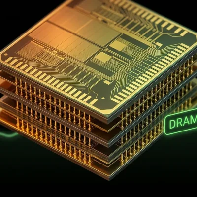 Close-up of high-bandwidth memory chip stack with green price trend line representing the record-breaking DRAM ETF performance