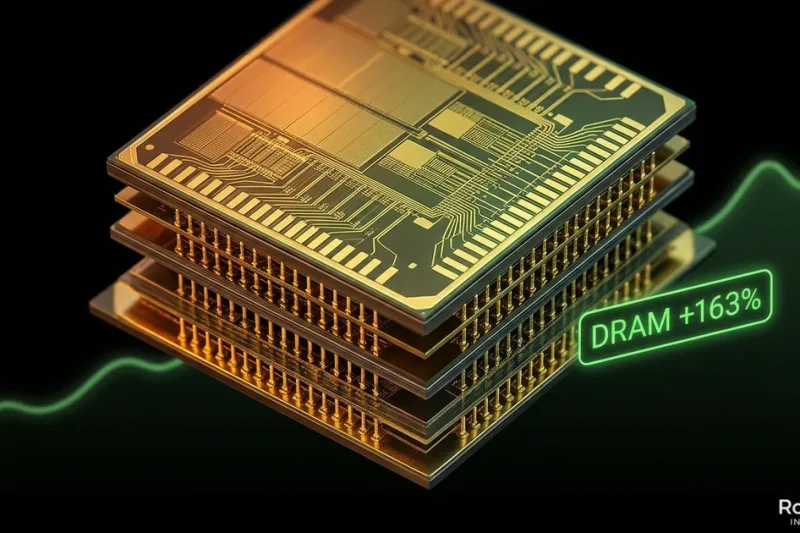 Close-up of high-bandwidth memory chip stack with green price trend line representing the record-breaking DRAM ETF performance