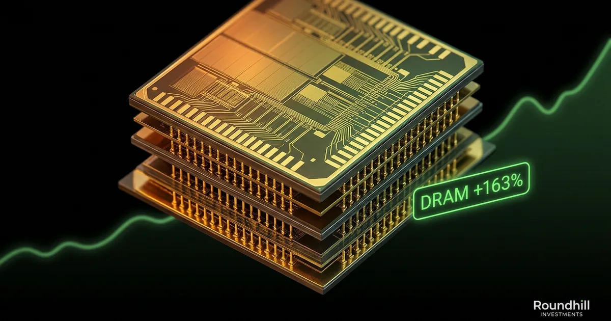Close-up of high-bandwidth memory chip stack with green price trend line representing the record-breaking DRAM ETF performance