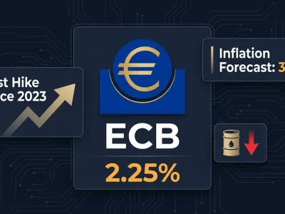 ECB logo with 2.25% rate display, first hike since 2023 badge, inflation forecast 3.0% panel, and oil barrel icon on dark dashboard