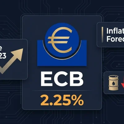 ECB logo with 2.25% rate display, first hike since 2023 badge, inflation forecast 3.0% panel, and oil barrel icon on dark dashboard