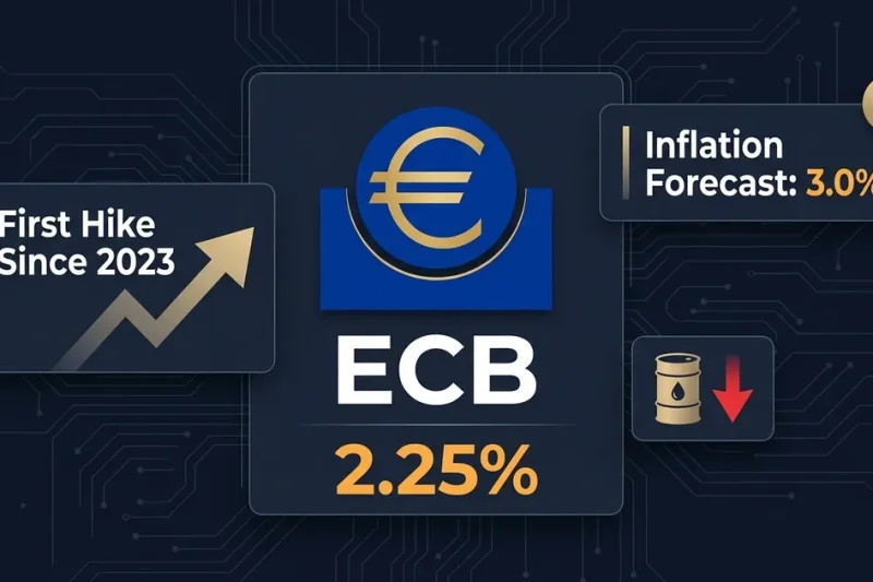 ECB logo with 2.25% rate display, first hike since 2023 badge, inflation forecast 3.0% panel, and oil barrel icon on dark dashboard
