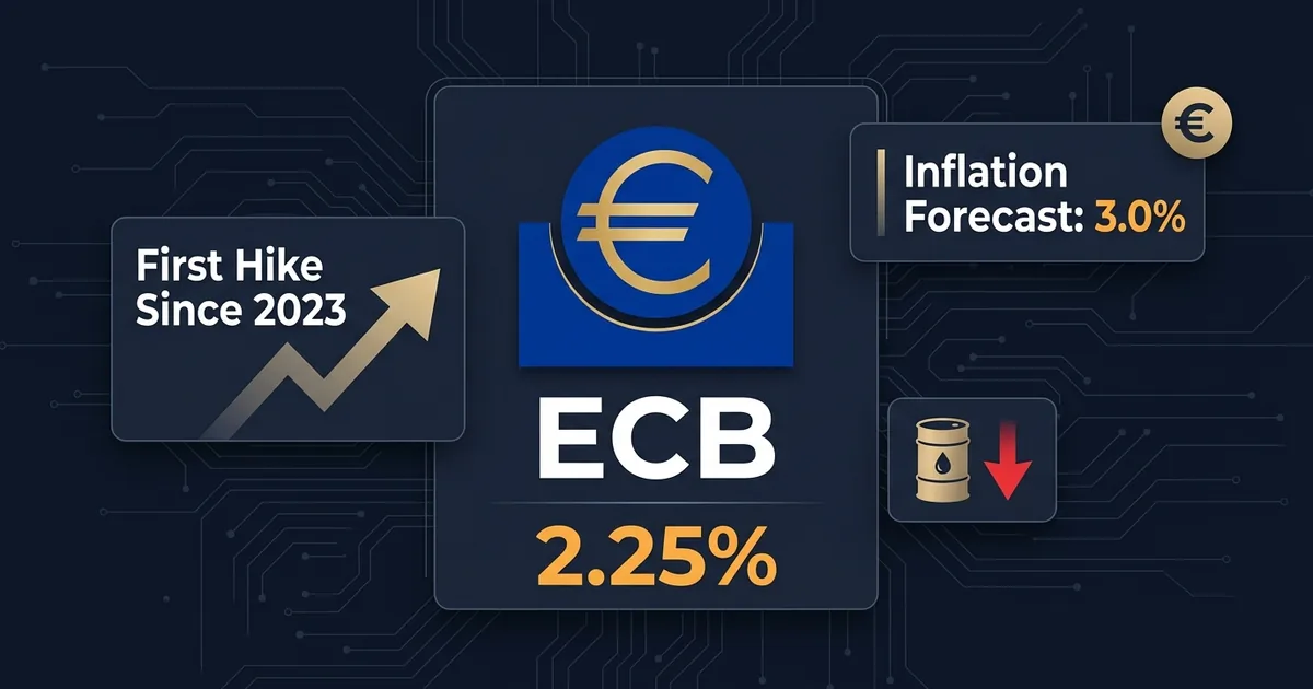 ECB logo with 2.25% rate display, first hike since 2023 badge, inflation forecast 3.0% panel, and oil barrel icon on dark dashboard