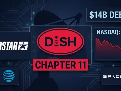 Financial dashboard composite showing Dish Network logo with Chapter 11 label, EchoStar logo, AT&T and SpaceX logos, 4B debt figure and NASDAQ ECHO ticker with declining stock chart on dark navy background