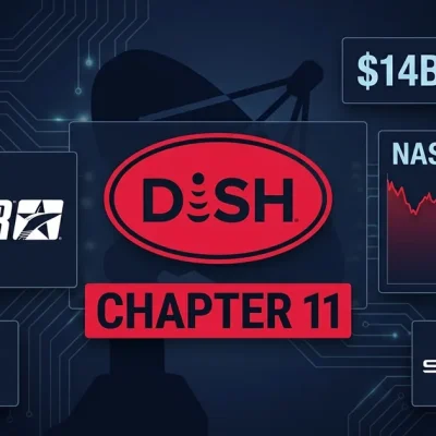 Financial dashboard composite showing Dish Network logo with Chapter 11 label, EchoStar logo, AT&T and SpaceX logos, 4B debt figure and NASDAQ ECHO ticker with declining stock chart on dark navy background