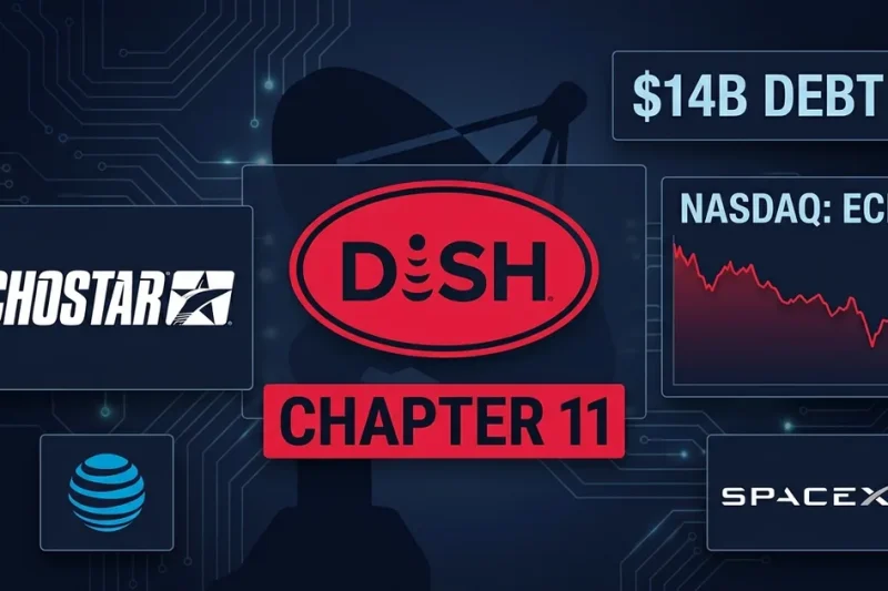 Financial dashboard composite showing Dish Network logo with Chapter 11 label, EchoStar logo, AT&T and SpaceX logos, 4B debt figure and NASDAQ ECHO ticker with declining stock chart on dark navy background