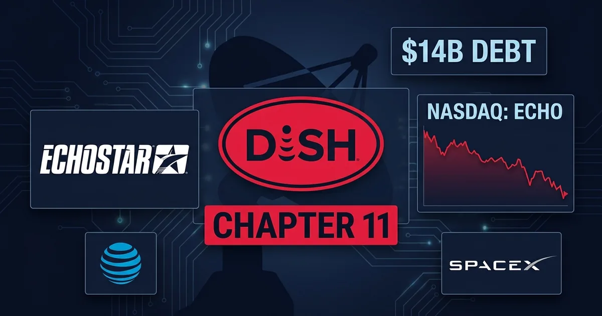 Financial dashboard composite showing Dish Network logo with Chapter 11 label, EchoStar logo, AT&T and SpaceX logos, 4B debt figure and NASDAQ ECHO ticker with declining stock chart on dark navy background