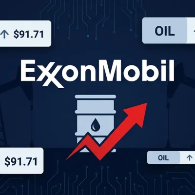 ExxonMobil and Chevron logos on dark navy dashboard with oil barrel icon, red upward price arrow, and 1.71 to 60 data panels with oil derrick silhouettes