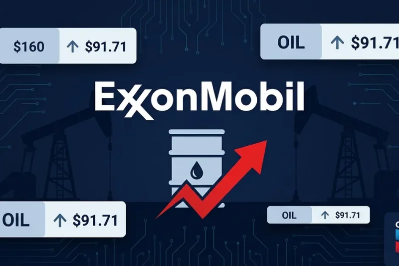 ExxonMobil and Chevron logos on dark navy dashboard with oil barrel icon, red upward price arrow, and 1.71 to 60 data panels with oil derrick silhouettes